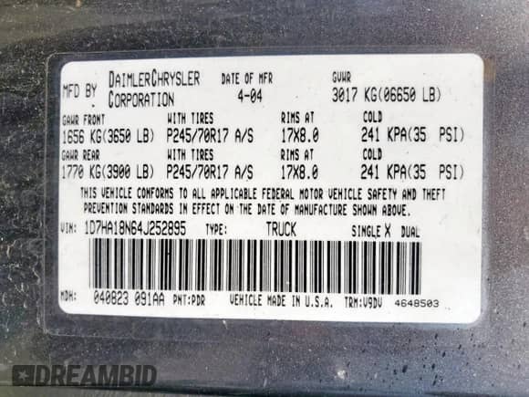 2004 Dodge 1500 SLT with VIN 1D7HA18N64J252895, listed as a Copart auction lot 68048715 with 327,737 mi miles and Salvage title. Bid and sale history available at DreamBid. Image 12.
