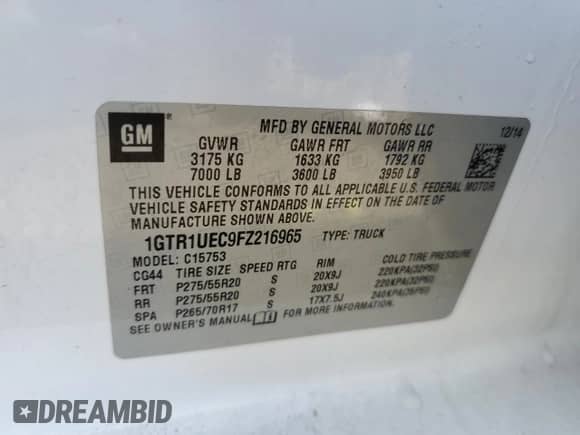 2015 GMC Sierra 1500 SLE with VIN 1GTR1UEC9FZ216965, listed as a Copart auction lot 86822795 with 110,801 mi miles and Salvage title. Bid and sale history available at DreamBid. Image 12.
