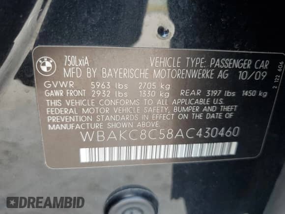 2010 BMW 7 Series 750Li xDrive with VIN WBAKC8C58AC430460, listed as a Copart auction lot 67728815 with 168,093 mi miles and Clean title. Bid and sale history available at DreamBid. Image 12.