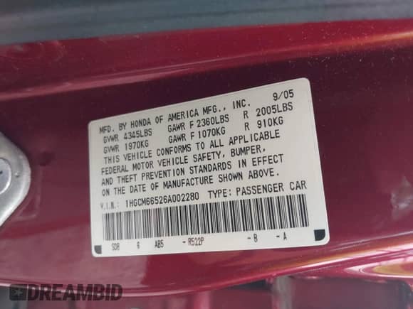 2006 Honda Accord EX-L with VIN 1HGCM66526A002280, listed as a IAAI auction lot 43342778 with 88,673 mi miles and . Bid and sale history available at DreamBid. Image 9.