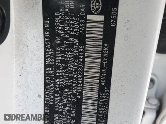 2008 Toyota Camry LE with VIN 4T1BE46K38U744489, listed as a Copart auction lot 69887835 with 177,201 mi miles and Salvage title. Bid and sale history available at DreamBid. Image 13.