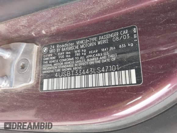 2003 BMW Z4 2.5i with VIN 4USBT33443LS47101, listed as a IAAI auction lot 42275467 with 115,463 mi miles and . Bid and sale history available at DreamBid. Image 9.