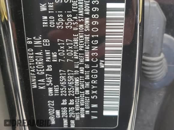 2022 Kia Sorento LX with VIN 5XYRGDLC3NG109893, listed as a Copart auction lot 69370415 with 86,437 mi miles and Salvage title. Bid and sale history available at DreamBid. Image 13.