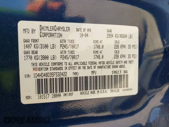 2005 Dodge Durango SLT z VIN 1D4HD48D35F532422, wystawiony jako IAAI lot #42331480 z przebiegiem 199 578 mil mil oraz . Historia ofert i sprzedaży dostępna na DreamBid. Obrazek 9.