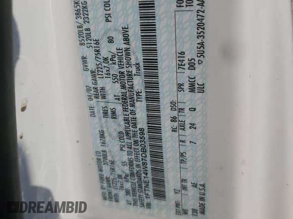 2007 Ford Econoline Cargo Commercial с VIN 1FTNE14W87DB03598, выставлен на аукционе Copart как лот 83823325 с пробегом Не указан миль и Списание • Salvage title. История ставок и продаж доступна на DreamBid. Изображение 13.