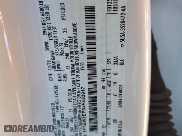 2018 Ford F-150 XL z VIN 1FTEW1EP0JFE63917, wystawiony jako Copart lot #70759905 z przebiegiem 76 266 mil mil oraz Szkoda całkowita • Salvage title. Historia ofert i sprzedaży dostępna na DreamBid. Obrazek 12.