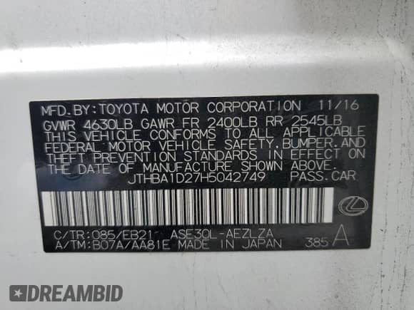 2017 Lexus IS 200t с VIN JTHBA1D27H5042749, выставлен на аукционе Copart как лот 86859525 с пробегом 95 764 миль миль и Списание • Salvage title. История ставок и продаж доступна на DreamBid. Изображение 12.