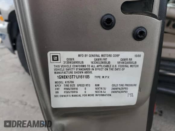 2001 Chevrolet Tahoe LT with VIN 1GNEK13T71J161105, listed as a Copart auction lot 68184505 with 160,785 mi miles and Salvage title. Bid and sale history available at DreamBid. Image 13.