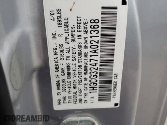 2001 Honda Accord LX z VIN 1HGCG32471A021368, wystawiony jako Copart lot #80389674 z przebiegiem 141 817 mil mil oraz Szkoda całkowita • Salvage title. Historia ofert i sprzedaży dostępna na DreamBid. Obrazek 12.