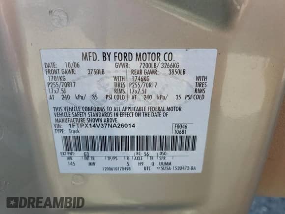 2007 Ford F-150 XLT with VIN 1FTPX14V37NA26014, listed as a Copart auction lot 85337995 with 219,676 mi miles and Salvage title. Bid and sale history available at DreamBid. Image 12.