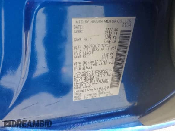 2024 Nissan Frontier Pro-X with VIN 1N6ED1EJ2RN646428, listed as a Copart auction lot 44304215 with 5,853 mi miles and Salvage title. Bid and sale history available at DreamBid. Image 15.