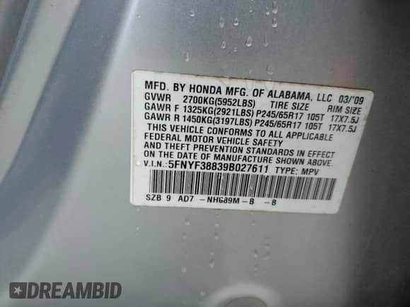 2009 Honda Pilot Touring with VIN 5FNYF38839B027611, listed as a Copart auction lot 67812505 with 148,357 mi miles and Salvage title. Bid and sale history available at DreamBid. Image 14.