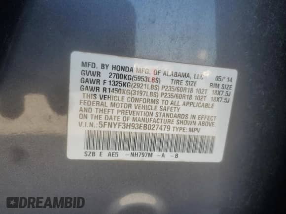 2014 Honda Pilot Touring with VIN 5FNYF3H93EB027479, listed as a Copart auction lot 71527965 with 195,840 mi miles and Salvage title. Bid and sale history available at DreamBid. Image 13.