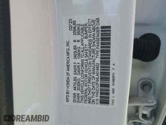 2020 Honda Accord Touring с VIN 1HGCV2F94LA014452, выставлен на аукционе Copart как лот 70600055 с пробегом 28 966 миль миль и Списание • Salvage title. История ставок и продаж доступна на DreamBid. Изображение 13.