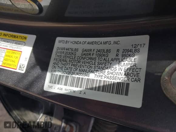 2018 Honda Accord Sport with VIN 1HGCV2F3XJA006946, listed as a IAAI auction lot 43089813 with 77,081 mi miles and . Bid and sale history available at DreamBid. Image 9.