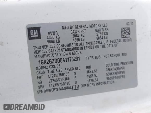 2010 Chevrolet Express Passenger LS with VIN 1GA2GZDG5A1173291, listed as a IAAI auction lot 42212133 with 85,314 mi miles and . Bid and sale history available at DreamBid. Image 9.