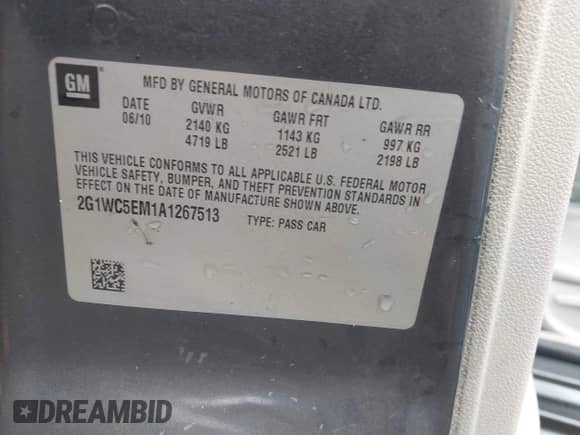 2010 Chevrolet Impala LTZ with VIN 2G1WC5EM1A1267513, listed as a IAAI auction lot 42892907 with 191,009 mi miles and . Bid and sale history available at DreamBid. Image 9.