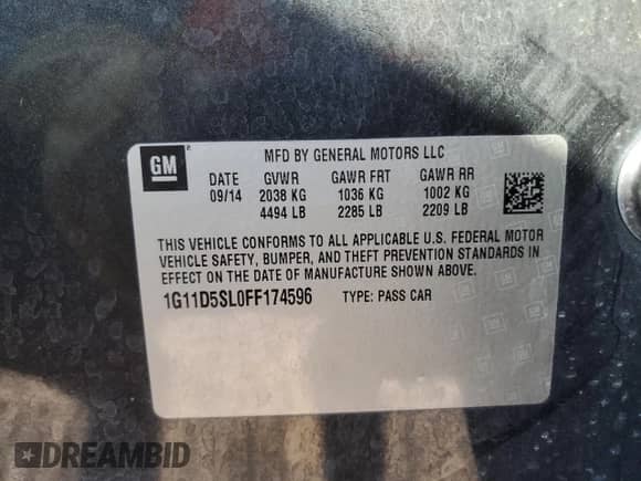 2015 Chevrolet Malibu LT with VIN 1G11D5SL0FF174596, listed as a Copart auction lot 85305895 with 217,309 mi miles and Salvage title. Bid and sale history available at DreamBid. Image 13.