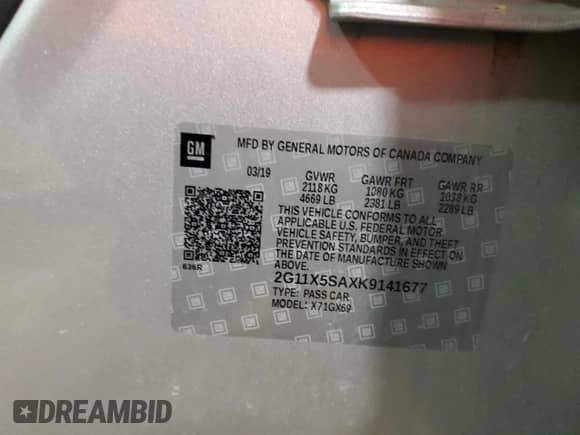 2019 Chevrolet Impala LS с VIN 2G11X5SAXK9141677, выставлен на аукционе Copart как лот 86706424 с пробегом 69 548 миль миль и Списание • Salvage title. История ставок и продаж доступна на DreamBid. Изображение 12.