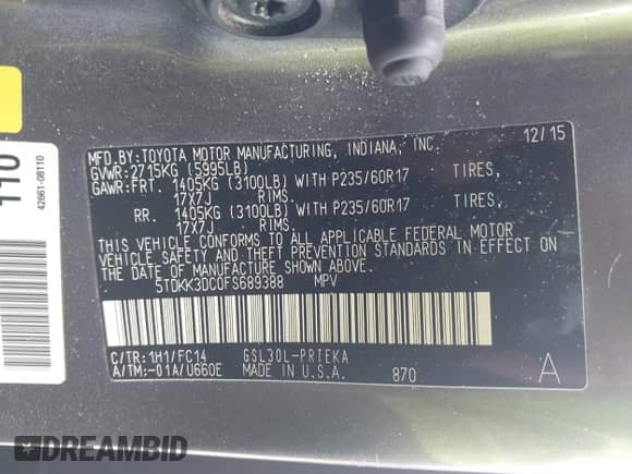 2015 Toyota Sienna LE AAS with VIN 5TDKK3DC0FS689388, listed as a IAAI auction lot 42680055 with 146,119 mi miles and . Bid and sale history available at DreamBid. Image 9.