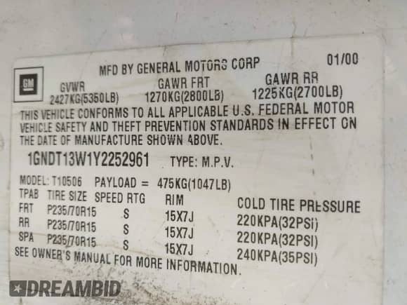 2000 Chevrolet Blazer LS with VIN 1GNDT13W1Y2252961, listed as a IAAI auction lot 42846254 with 298,056 mi miles and . Bid and sale history available at DreamBid. Image 9.