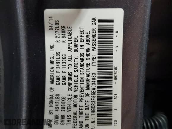 2014 Honda Accord EX-L with VIN 1HGCR3F85EA034083, listed as a Copart auction lot 72096445 with 95,311 mi miles and Salvage title. Bid and sale history available at DreamBid. Image 13.