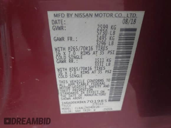 2019 Nissan Frontier SV with VIN 1N6AD0ER8KN701985, listed as a IAAI auction lot 42992398 with 159,370 mi miles and . Bid and sale history available at DreamBid. Image 9.