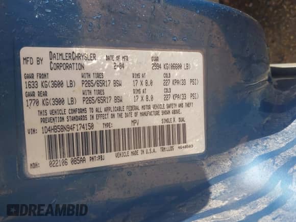 2004 Dodge Durango Limited с VIN 1D4HB58N94F174150, выставлен на аукционе IAAI как лот 42987252 с пробегом 275 721 миль миль и . История ставок и продаж доступна на DreamBid. Изображение 9.