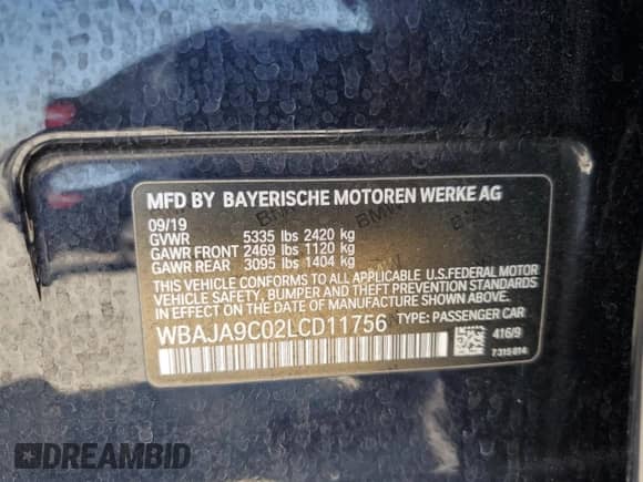 2020 BMW 5 Series 530e с VIN WBAJA9C02LCD11756, выставлен на аукционе Copart как лот 65387275 с пробегом 80 421 миль миль и Списание • Salvage title. История ставок и продаж доступна на DreamBid. Изображение 13.