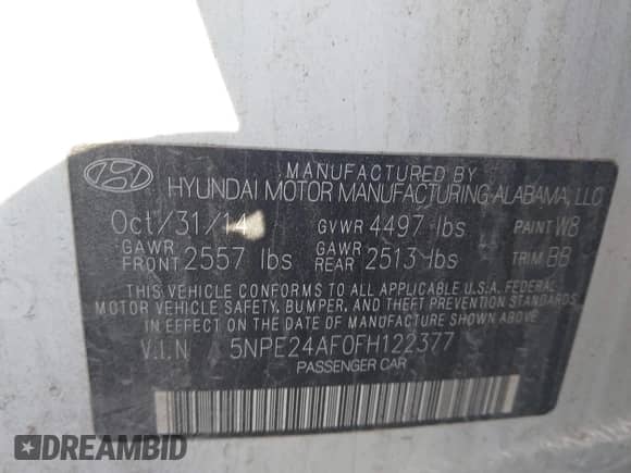 2015 Hyundai Sonata SE with VIN 5NPE24AF0FH122377, listed as a IAAI auction lot 43483888 with 138,824 mi miles and . Bid and sale history available at DreamBid. Image 9.