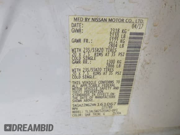 2017 Nissan Murano SV с VIN 5N1AZ2MG2HN161067, выставлен на аукционе IAAI как лот 43307407 с пробегом 177 992 миль миль и . История ставок и продаж доступна на DreamBid. Изображение 9.