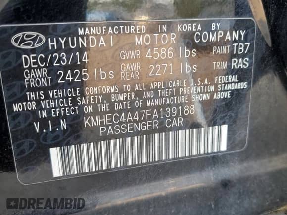 2015 Hyundai Sonata with VIN KMHEC4A47FA139188, listed as a Copart auction lot 67391835 with 50,179 mi miles and Clean title. Bid and sale history available at DreamBid. Image 12.