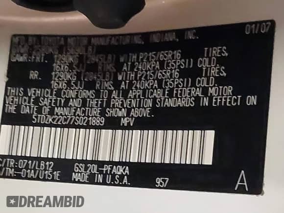 2007 Toyota Sienna XLE с VIN 5TDZK22C77S021889, выставлен на аукционе IAAI как лот 43236592 с пробегом 179 840 миль миль и . История ставок и продаж доступна на DreamBid. Изображение 9.