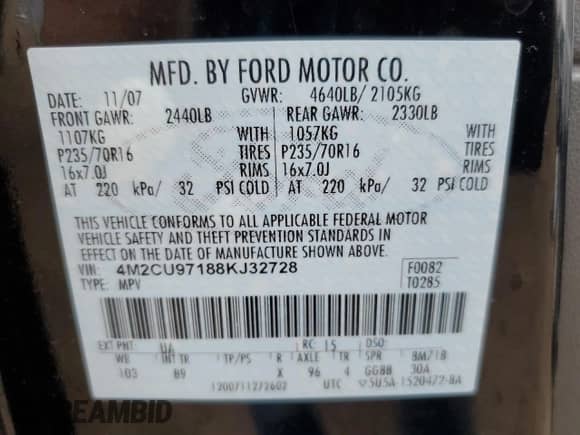 2008 Mercury Mariner Premier with VIN 4M2CU97188KJ32728, listed as a Copart auction lot 70736905 with 217,659 mi miles and Salvage title. Bid and sale history available at DreamBid. Image 14.