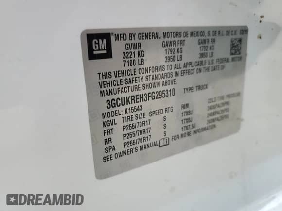 2015 Chevrolet Silverado 1500 LT with VIN 3GCUKREH3FG295310, listed as a Copart auction lot 45860795 with 216,343 mi miles and Salvage title. Bid and sale history available at DreamBid. Image 13.