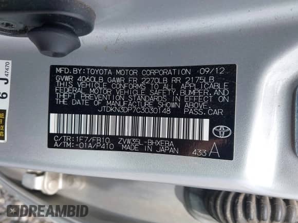 2012 Toyota Prius with VIN JTDKN3DP7C3030148, listed as a IAAI auction lot 43330346 with 198,218 mi miles and . Bid and sale history available at DreamBid. Image 9.