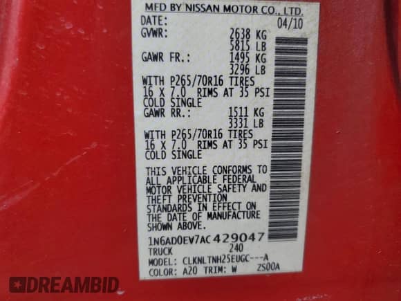 2010 Nissan Frontier SE with VIN 1N6AD0EV7AC429047, listed as a Copart auction lot 68206215 with 239,892 mi miles and Clean title. Bid and sale history available at DreamBid. Image 12.