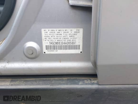 2004 Honda Accord LX с VIN 1HGCM66304A065891, выставлен на аукционе IAAI как лот 42318336 с пробегом 166 811 миль миль и . История ставок и продаж доступна на DreamBid. Изображение 9.