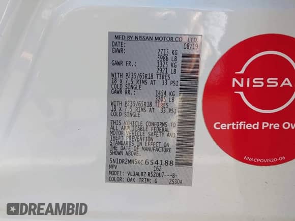 2019 Nissan Pathfinder S с VIN 5N1DR2MN5KC654188, выставлен на аукционе IAAI как лот 43126824 с пробегом 87 120 миль миль и . История ставок и продаж доступна на DreamBid. Изображение 9.