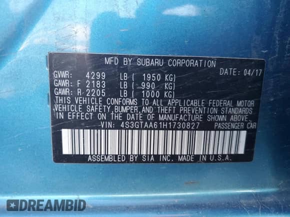 2017 Subaru Impreza с VIN 4S3GTAA61H1730827, выставлен на аукционе Copart как лот 79396914 с пробегом Не указан миль и Списание • Salvage title. История ставок и продаж доступна на DreamBid. Изображение 13.