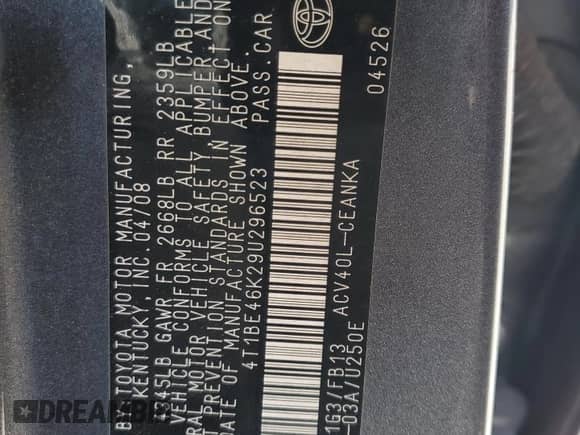 2009 Toyota Camry LE z VIN 4T1BE46K29U296523, wystawiony jako Copart lot #80359865 z przebiegiem 190 864 mil mil oraz Czysty tytuł • Clean title. Historia ofert i sprzedaży dostępna na DreamBid. Obrazek 12.