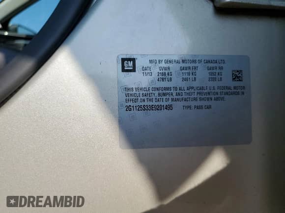 2014 Chevrolet Impala LT z VIN 2G1125S33E9201495, wystawiony jako Copart lot #68916645 z przebiegiem 103 227 mil mil oraz Szkoda całkowita • Salvage title. Historia ofert i sprzedaży dostępna na DreamBid. Obrazek 12.