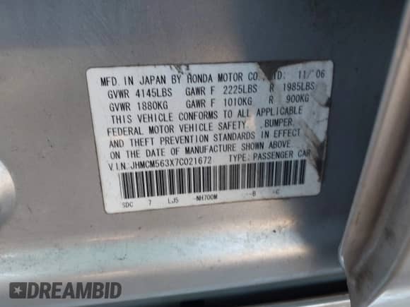 2007 Honda Accord LX SE with VIN JHMCM563X7C021672, listed as a IAAI auction lot 43163924 with 217,262 mi miles and . Bid and sale history available at DreamBid. Image 9.