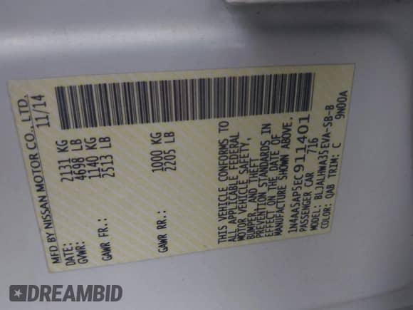 2014 Nissan Maxima S z VIN 1N4AA5AP5EC911401, wystawiony jako IAAI lot #43011639 z przebiegiem 179 267 mil mil oraz . Historia ofert i sprzedaży dostępna na DreamBid. Obrazek 9.