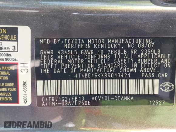 2008 Toyota Camry LE with VIN 4T4BE46KX8R013421, listed as a IAAI auction lot 43374424 with 164,324 mi miles and . Bid and sale history available at DreamBid. Image 9.