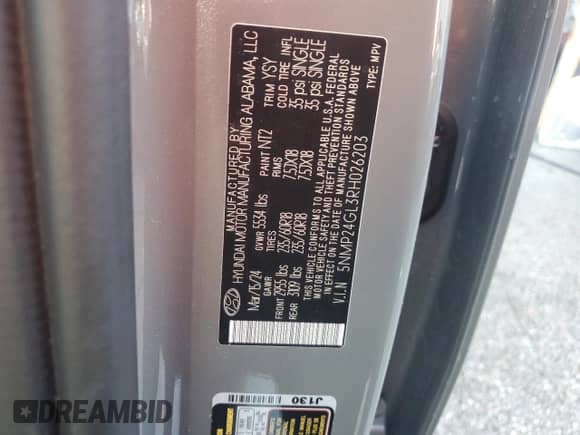 2024 Hyundai Santa Fe SEL с VIN 5NMP24GL3RH026203, выставлен на аукционе Copart как лот 43167585 с пробегом 19 591 миль миль и На запчасти • Non repairable. История ставок и продаж доступна на DreamBid. Изображение 13.