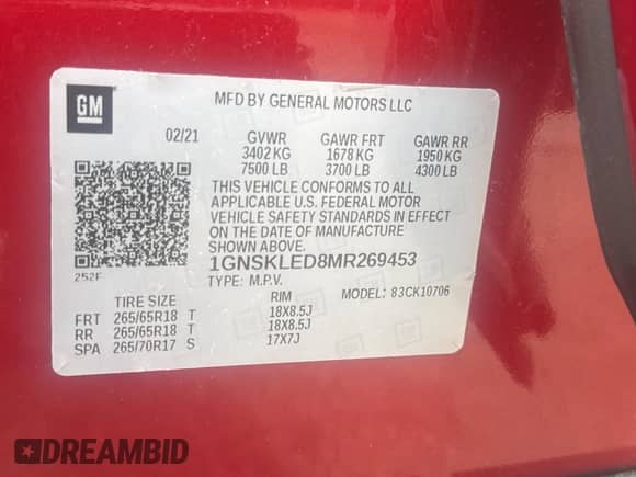 2021 Chevrolet Tahoe Commercial with VIN 1GNSKLED8MR269453, listed as a Copart auction lot 72041205 with 32,619 mi miles and Clean title. Bid and sale history available at DreamBid. Image 10.