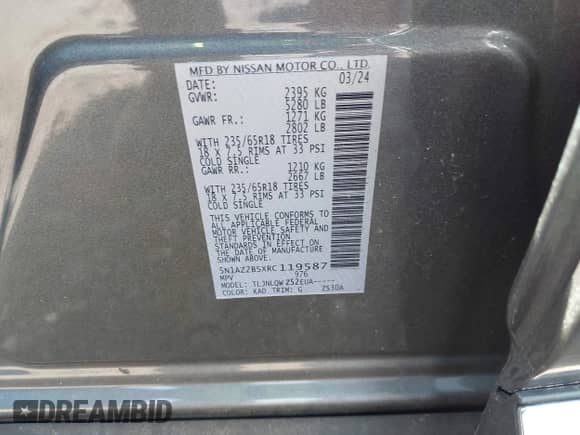 2024 Nissan Murano SV with VIN 5N1AZ2BSXRC119587, listed as a IAAI auction lot 42105764 with 6,411 mi miles and . Bid and sale history available at DreamBid. Image 9.