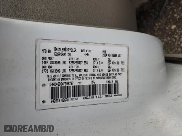 2004 Dodge Durango SLT with VIN 1D4HD48D64F208797, listed as a Copart auction lot 83971074 with 201,093 mi miles and Salvage title. Bid and sale history available at DreamBid. Image 13.