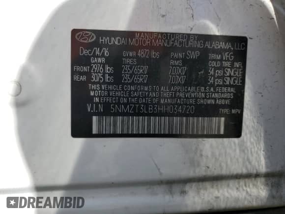 2017 Hyundai Santa Fe 2.4L with VIN 5NMZT3LB3HH034720, listed as a Copart auction lot 57000355 with 146,315 mi miles and Salvage title. Bid and sale history available at DreamBid. Image 12.